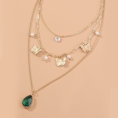 Fashion Creative Butterfly Emerald Water Drop Zircon Multi-Layer Copper Necklace
