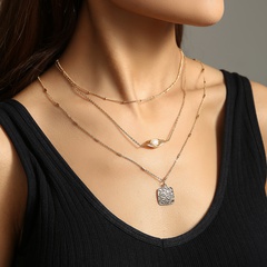 Fashion Simple Retro Natural Pearl Clavicle Chain Square Three-Layer Alloy Necklace