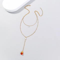 Women's Fashion Simple Pearl Orange Natural Stone Pendant Multi-Layer Alloy Necklace