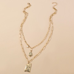 Retro Mode Plaid Kette Doppel-Schicht Geometrische Geprägte Perle Anhänger Legierung Halskette
