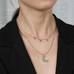 Einfache Mode Doppel Schicht Kette Blau Mond Wenig Star Alloy Halskette