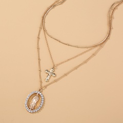Mode Rétro Diamant-Intégré Lady Croix Ovale Pendentif Multi-Couche Alliage Collier