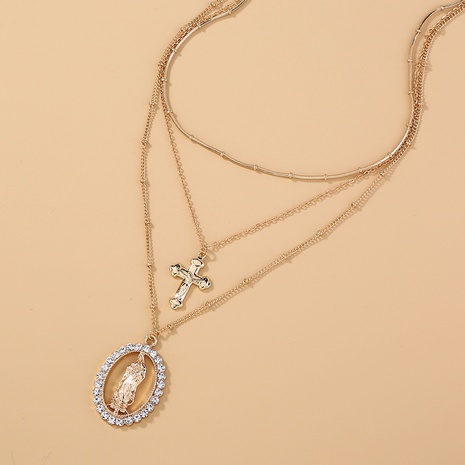 Mode Rétro Diamant-Intégré Lady Croix Ovale Pendentif Multi-Couche Alliage Collier's discount tags