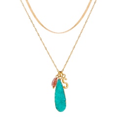 Simple Fashion Letter S Blue Natural Stone Imitated Drop Pendant Double Layer Alloy Necklace