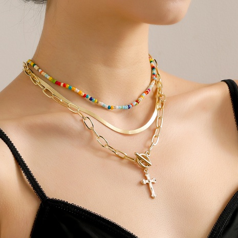 Mode Elegante Gold Überzogene Bunte Perlen Kreuz Anhänger Multi-Schicht Schlüsselbein Kette Halskette's discount tags