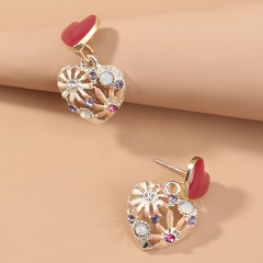 Creative Fashion Heart Flowers Hollow Ear Stud Inlaid Color Diamond Enamel Alloy Earrings