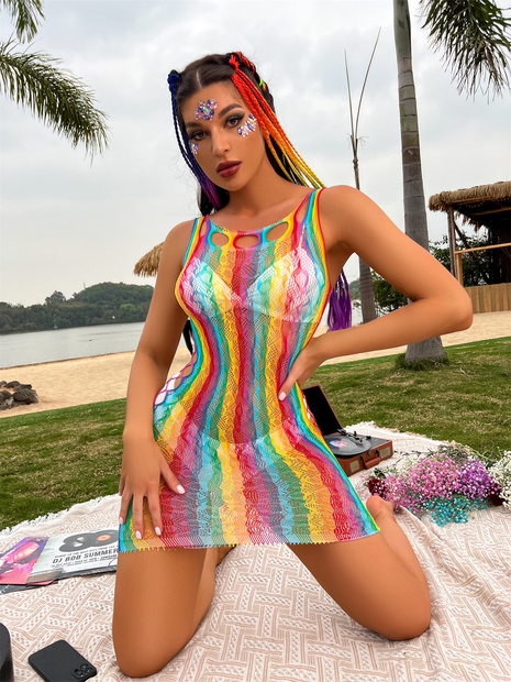 new style Women's Rainbow Color Hollow-out Striped Sexy Lingerie Dress's discount tags