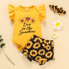 Fashion Cute Little Girl Sunflower Letter Print Short-Sleeve Romper and Shorts Suit