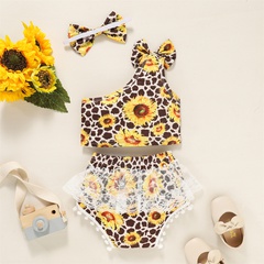 Little Girl Fashion Cute Sunflower Leopard Print Unilateral Strap High Waist Top and Lace Edge Triangle Shorts Suit