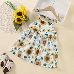2022 Summer New Little Girls Sunflower Print Small Sling Mesh Dress