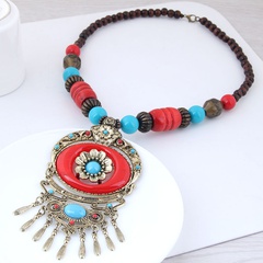 retro pendant flower shape tassels  alloy resin wooden beads Necklace