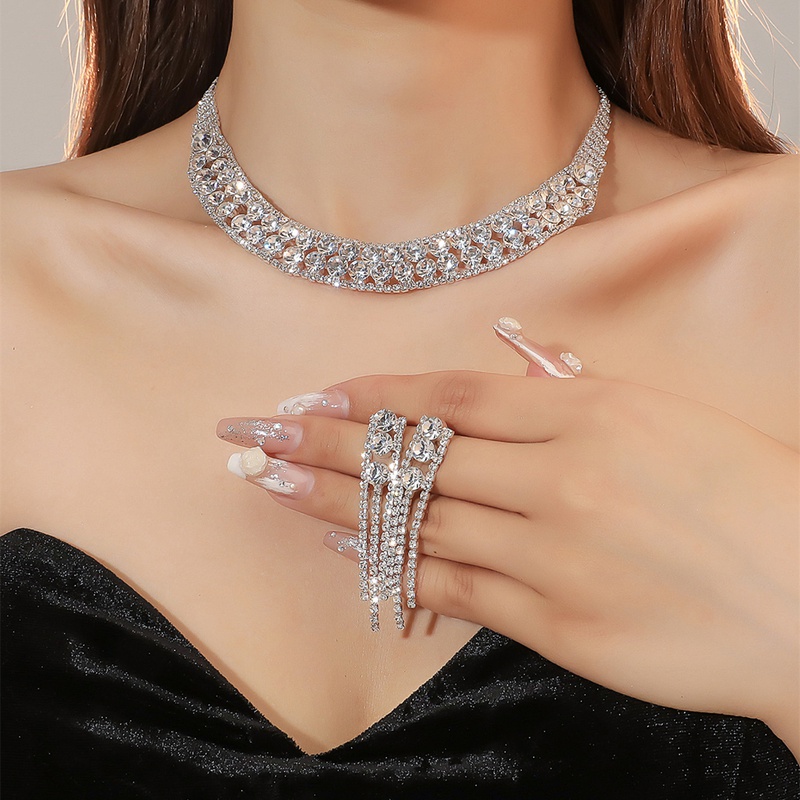 WomenS Luxury Fashion U Shape Tassel Alloy Rhinestone Earrings Necklace Jewelry Set Plating Diamond Rhinestone