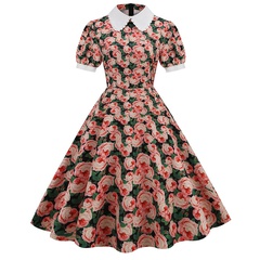 Female Retro Fashion Printing Rayon Printing Swing Dress Regular Dresses