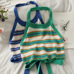 Striped print Halter Knitted Back Bow Lace-up crop Camisole