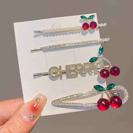 Fashion Inlay Pearl Rhinestone Barrettes Women Bang Clip Cherry Hairpin's discount tags