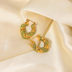 Fashion New Green Zircon Inlaid 18K Gold Twist Stainless Steel Earrings