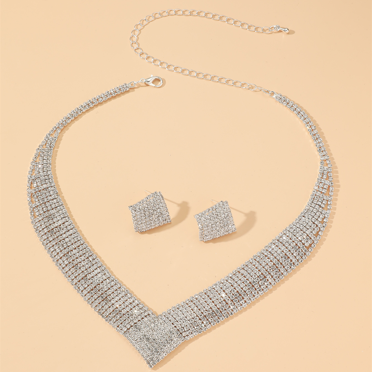 WomenS Luxury Fashion Rhombus Alloy Rhinestone Earrings Necklace Jewelry Set Plating Diamond Rhinestone 1 Setpicture1