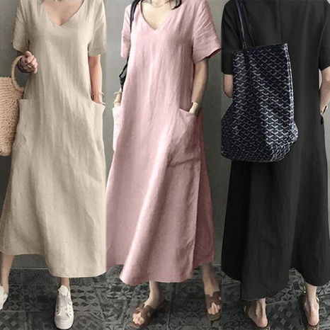 Women's Clothing Casual Fashion Classic Style Solid Color Linen Pocket Swing Dress Maxi Long Dress Dresses's discount tags
