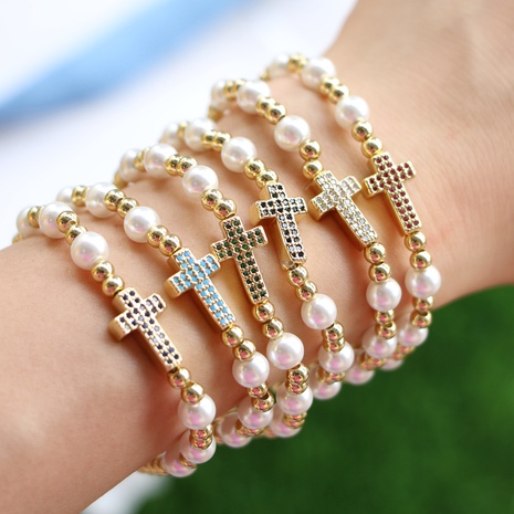 Frau Mode Kreuz Kupfer Armbänder Perlen Perlen 1 Stück's discount tags