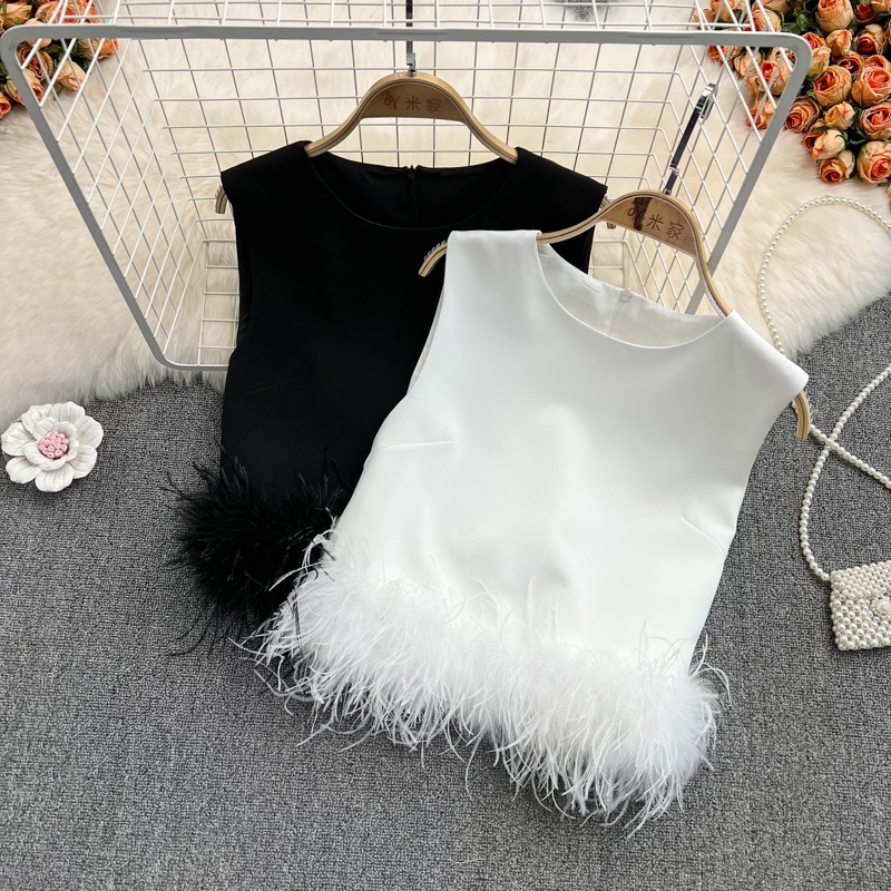 solid color Stitching Feather round neck Loose sleeveless Top