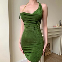 Solid Color Sexy Backless Slim fashion high waist chain hanging neck low-cut Dress