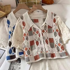 printed hollow knitted Short Sleeve crop lapel Cardigan
