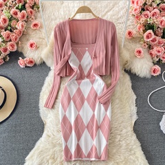 solid color Long-Sleeved Knitted Cardigan printed Suspender dress Two-Piece Set