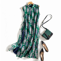 casual Summer Cotton and Linen Sleeveless fish print side lace-up loose Dress