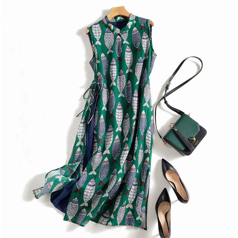 casual Summer Cotton and Linen Sleeveless fish print side laceup loose Dress