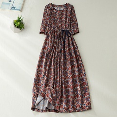 Retro Printed Cotton and Linen High Waist Lace-up Large Swing round neck casual Dress
