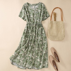 plus size Slimming Lace-up casual Cotton and Linen Floral short sleeve large swing dress