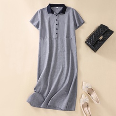 casual Blouse Collar Cotton and Linen Straight Mid-Length short sleeve button loose dress