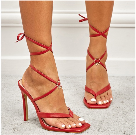 2022 New Women's Flip-Toe Square Toe Cross Strap Stiletto Heel Sandals's discount tags