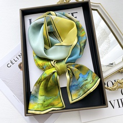 Summer Blue Green Gradient Oil Painting Double-Layer Mulberry Silk Scarf Ribbon