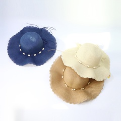 Fashion Wide Brim Sunshade Wooden Bead Lace Wave Straw Hat