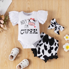 Baby Girl'S Basic Cows Letter Cotton Petal Sleeve Bowknot Shorts Sets Baby Clothes