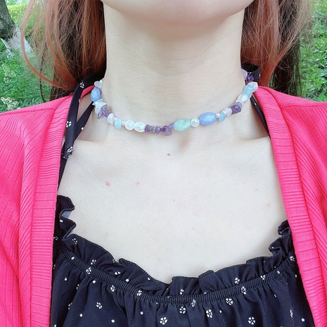 Neue stil Lila Natürliche Kies Unregelmäßigen Saiten Perlen Halskette Schlüsselbein Kette's discount tags