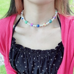 Summer Fashion Pearl Polymer Clay contrast Color Necklace Bracelet C-shaped earrings