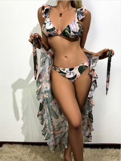 Nuevo Comercio exterior europeo y americano lindo borde volador Sexy traje de tres piezas Bikini dividido traje de baño de mujer multicolor