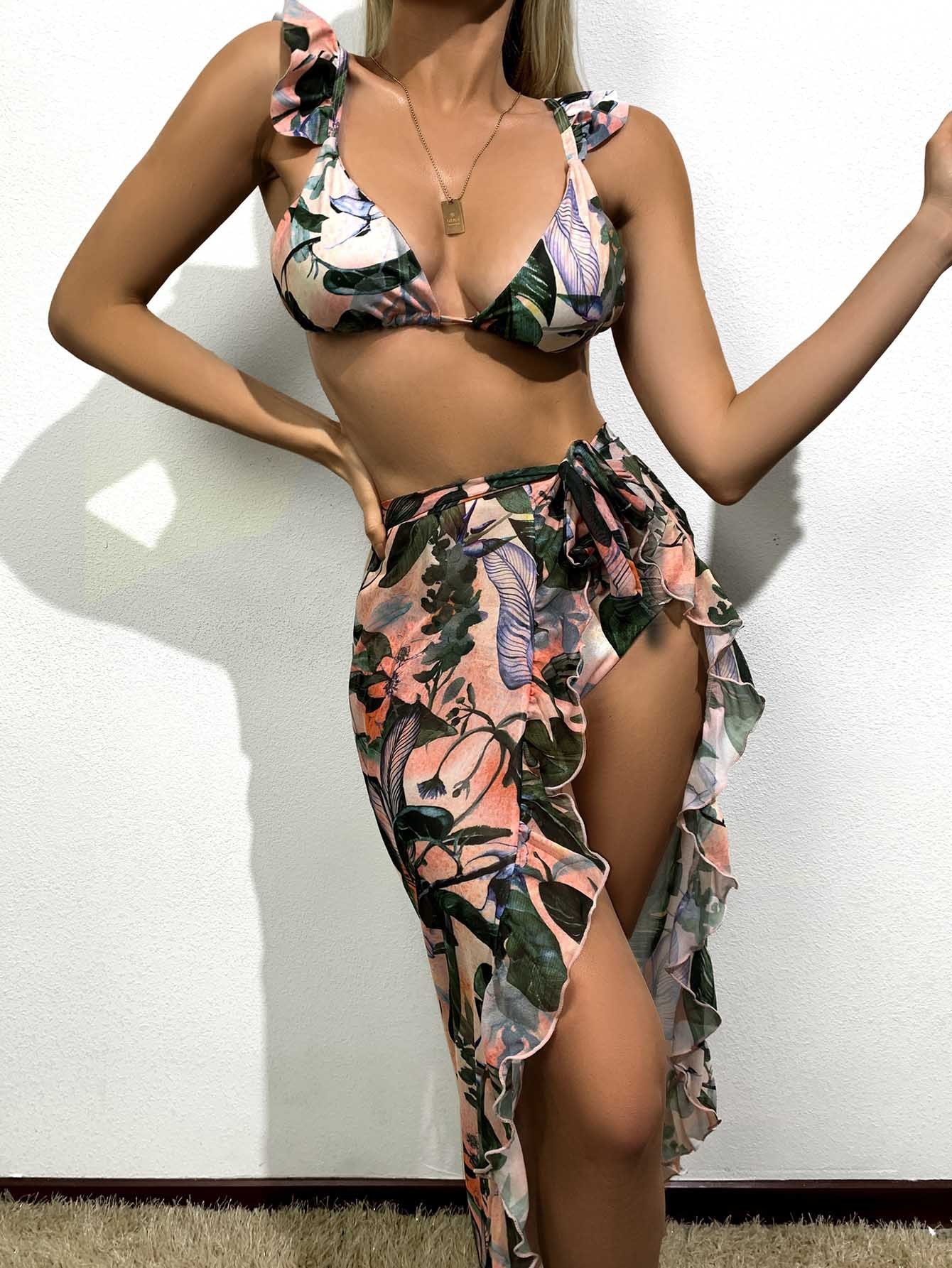 WomenS Casual Leaves Polyester Bikinis 3 Piece Setpicture3