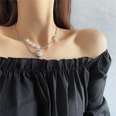 fashion Rhinestone Pearl Stitching chain Double-Layered Heart Pendant Clavicle Chain necklace