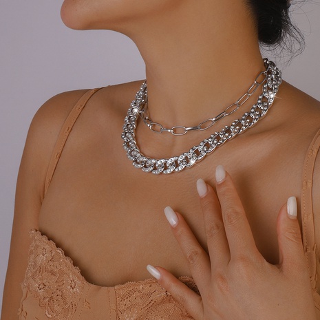 Moda Simple chapado en oro Diamante de imitación con incrustaciones dobles-Collar de cadena cubana de capa's discount tags