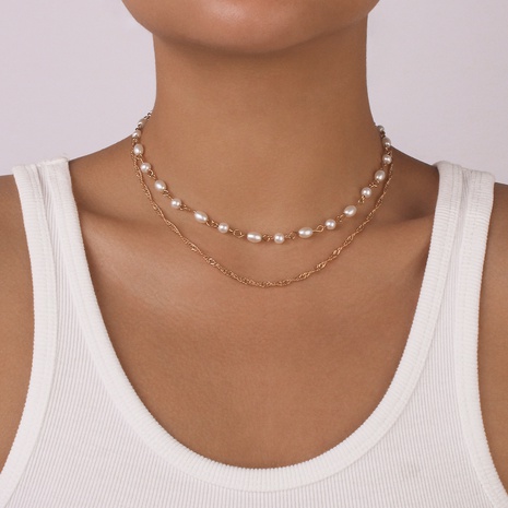 Collar geométrico de perlas de imitación chapado en oro Simple de moda's discount tags