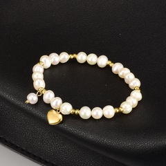 Vintage style 18K Or plaqué Titane Acier perle ronde pendentif coeur Bracelet