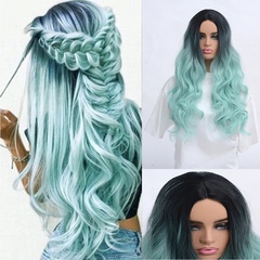 New Cross-Border Wig Dyeing Gradient Black Mint Green Medium Long Curly Hair Chemical Fiber Wig Factory Direct Sales