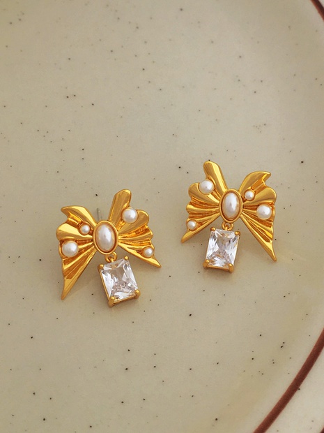 Fashion Bow Knot Imitation Pearl Copper Earrings Plating Zircon Copper Earrings's discount tags