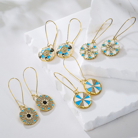 Fashion Round Color Block Copper Dangling Earrings Epoxy Inlay Zircon Copper Earrings's discount tags