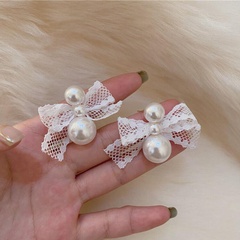 Fashion Bow Knot Lace Mesh Artificial Pearl Ear Studs 1 Pair