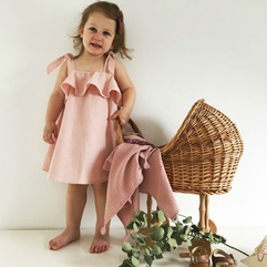 Fashion Solid Color Cotton and Linen Ruffles Strap Dress Knee-Length Baby Clothes