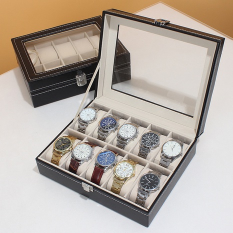 Caja de visualización de moda de diez relojes de cuero negro Pupi's discount tags